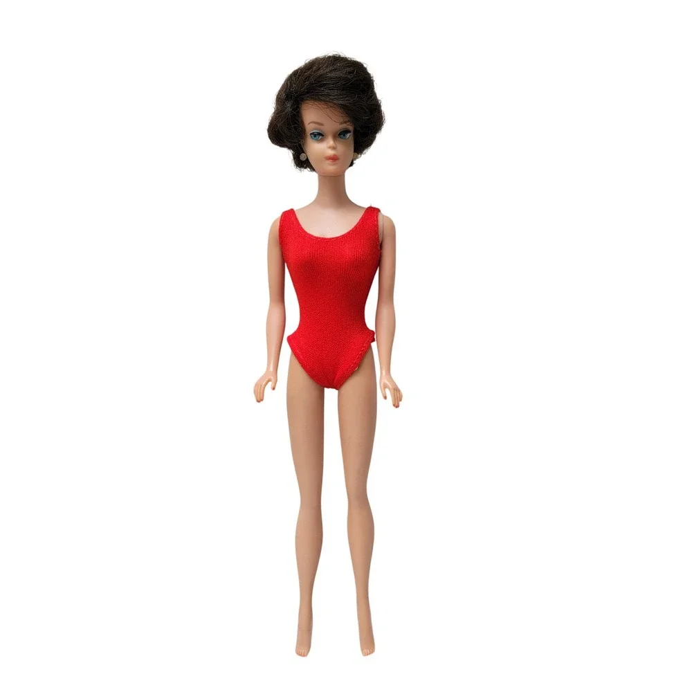 VTG 1962 Bubblecut Barbie‎ Doll Brunette Red Swimsuit With Box And Metal Stand